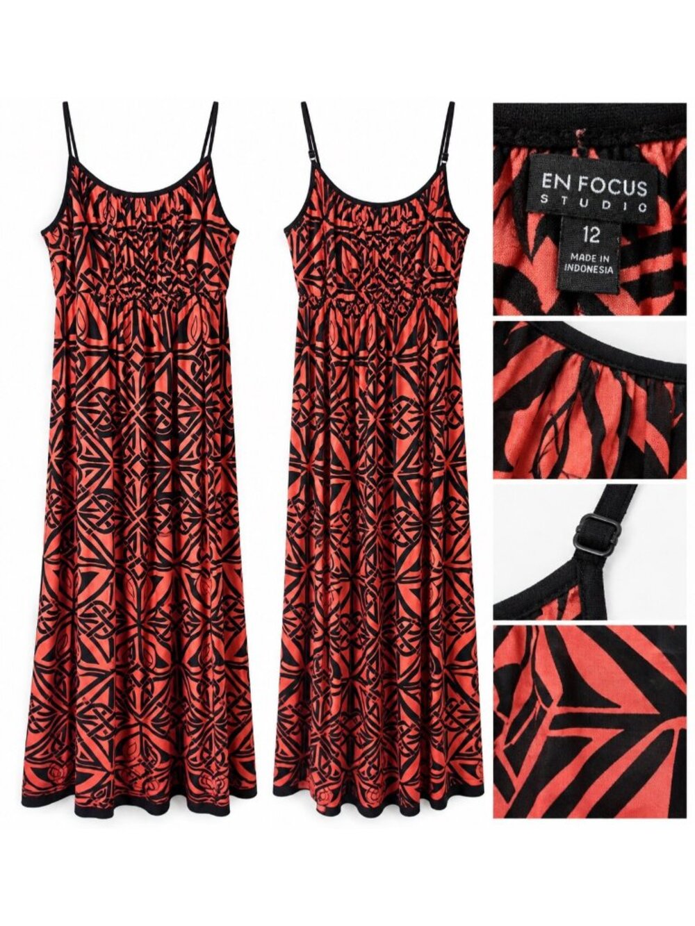 En Focus Studio Women’s Size 12 Coral & Black Geometric Maxi Dress